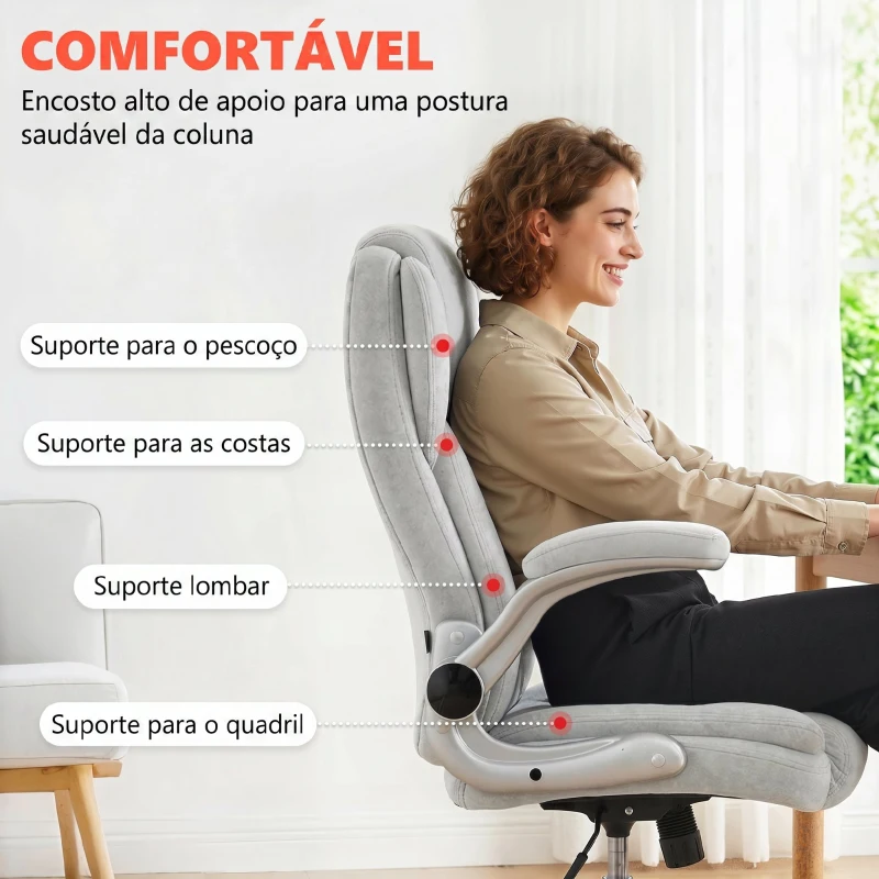 HOMCOM Cadeira de Escritório Apoios de Braços Rebatíveis Altura Ajustável Função Basculante e Estofada em Veludo 68x69x118 cm Creme