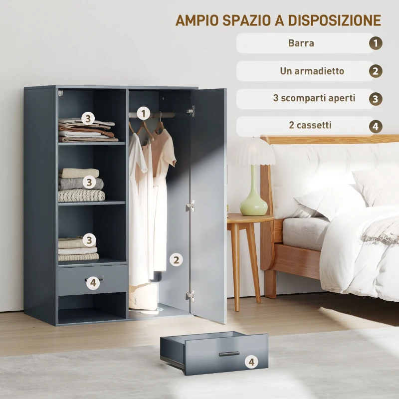 HOMCOM Armadio Moderno con 2 Cassetti, Ripiani Aperti e Vano Appendiabiti, 80x50x124 cm, Grigio Scuro