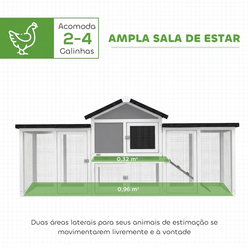 PawHut Galinheiro Grande para Exterior em Madeira 204x85x93 cm com Caixa de Ninho Cercado Bandeja Removível e Poleiro Cinzento