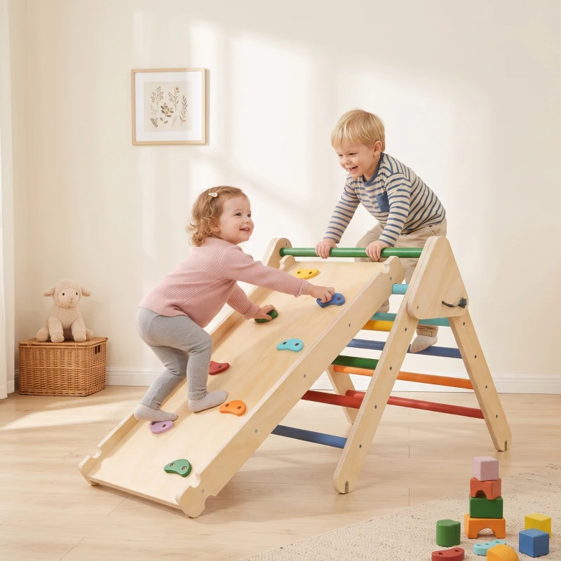 AIYAPLAY Toddler Climbing Frame for Kids with Ramp, 3 in 1 Wooden Pikler Triangle Set for 18-48 Months, Multicolour
