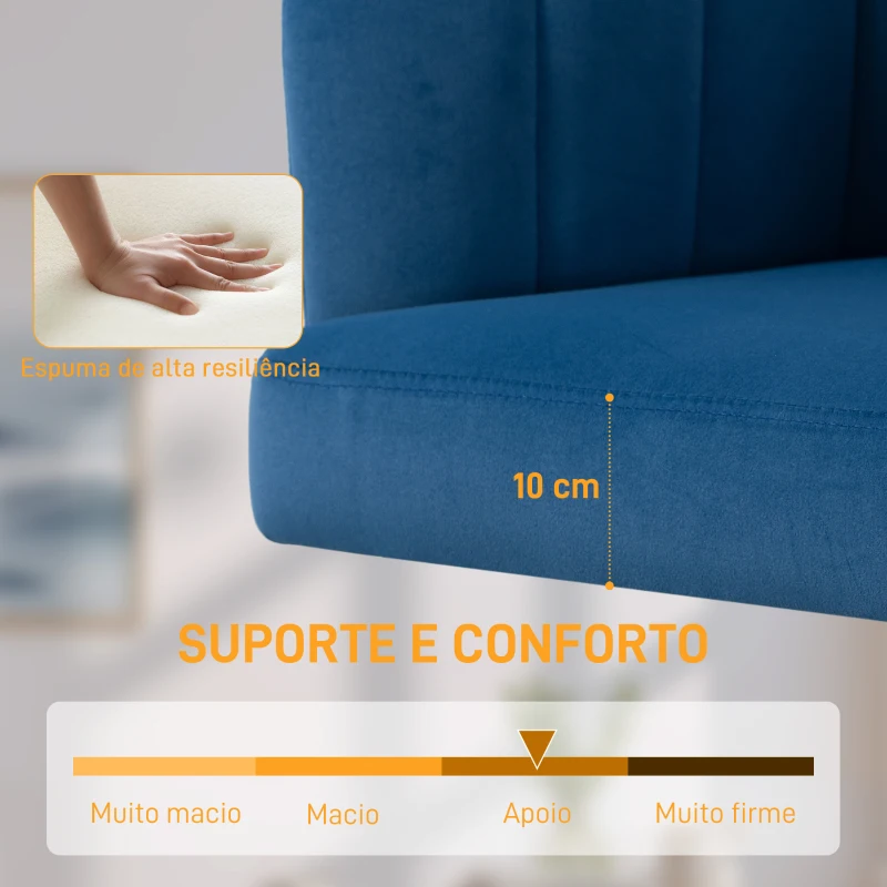 HOMCOM Cadeira de Escritório com Rodas de Veludo com Encosto Acolchoado Altura Ajustável e Espuma de Alta Resiliência Azul