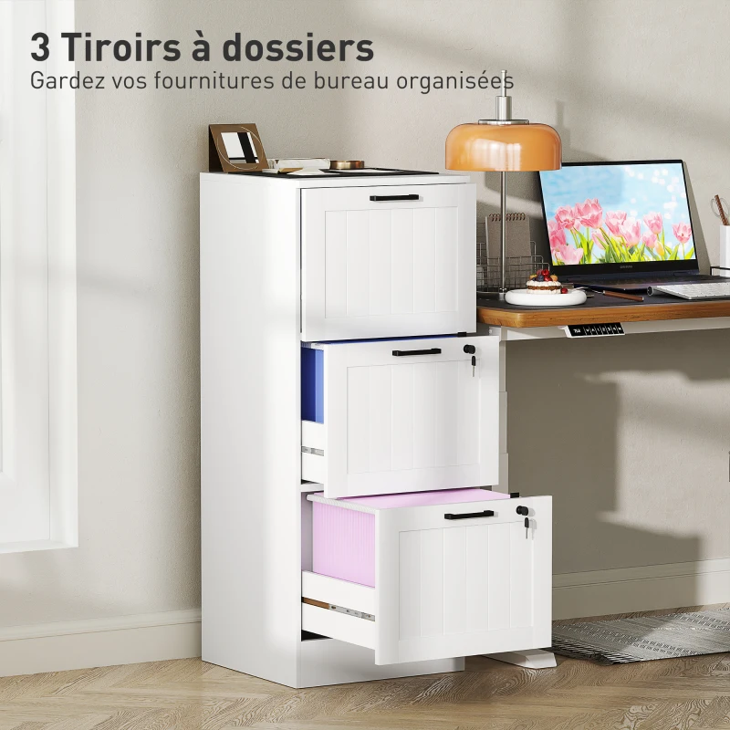HOMCOM Caisson bureau, meuble rangement bois 3 tiroirs et serrure, barres de suspension réglables, 40 x 40 x 101 cm, blanc