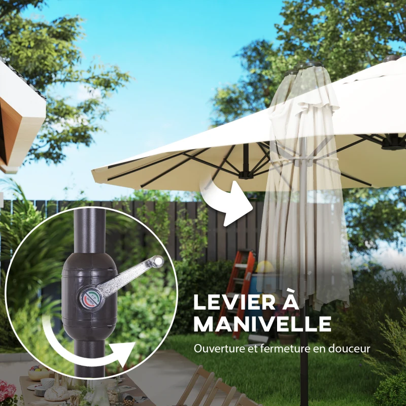 Outsunny Grande Parasol de Jardin Exterieur 4,6 x 2,7 m avec Pied en Croix, Parasol Double avec Manivelle, pour Terrasse, Crème