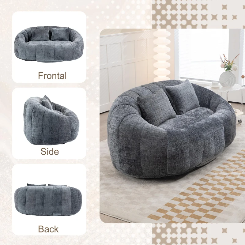 Cozy Oversized Bean Bag Sofa with 2 Matching Pillows, Soft 2-Seat Sectional Couch for Living Room and Bedroom, 145L x 95W x 63H cm, Grey