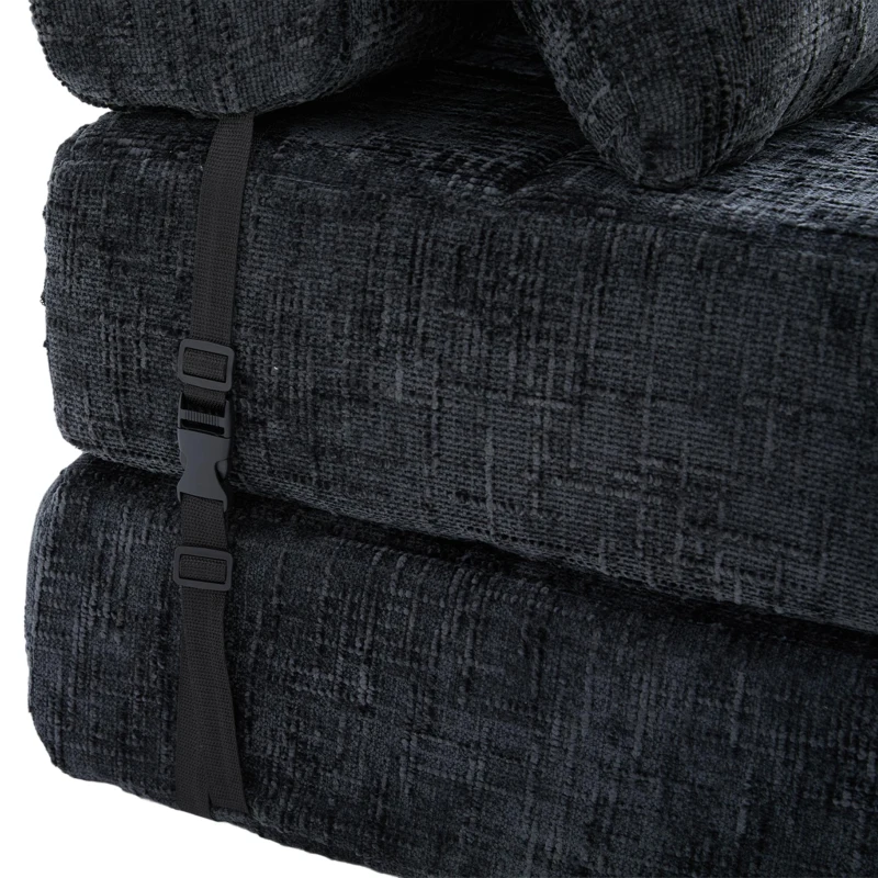 Cozy Convertible Floor Sofa Bed with Button-Tufted Detailing, Soft Chenille Folding Sleeper Couch for Living Room, 180L x 79W x 57H cm, Black