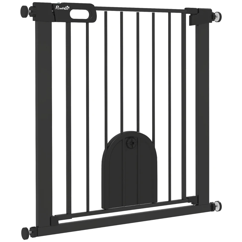 PawHut Dog Gate with Cat Flap Pet Safety Gate Barrier, Stair Pressure Fit, Auto Close, Double Locking, 75-82 cm Black