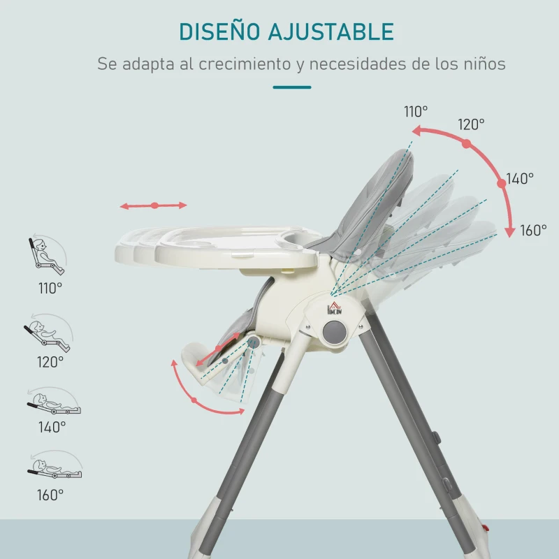 HOMCOM Trona para Bebé Evolutiva Ajustable y Plegable con Doble Bandeja Trona Portátil de +6 Meses Reclinable con 2 Ruedas y Frenos 55x80x104 cm Gris