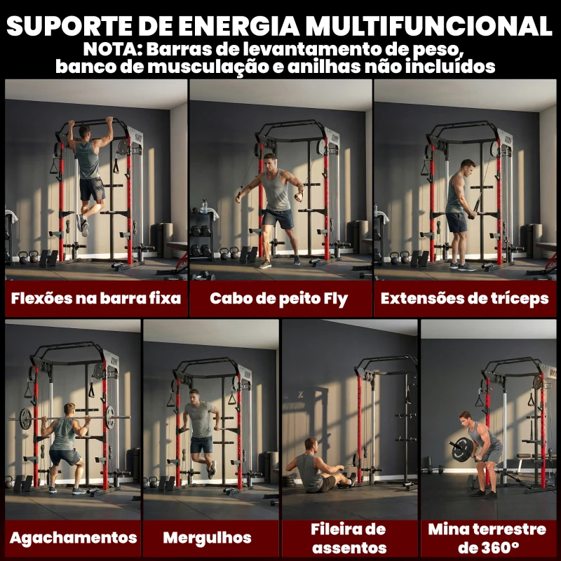 SPORTNOW Jaula de Potência Rack para Agachamentos com Sistema de Polias Ajustável, Barra de Elevações e Estação para Paralelas