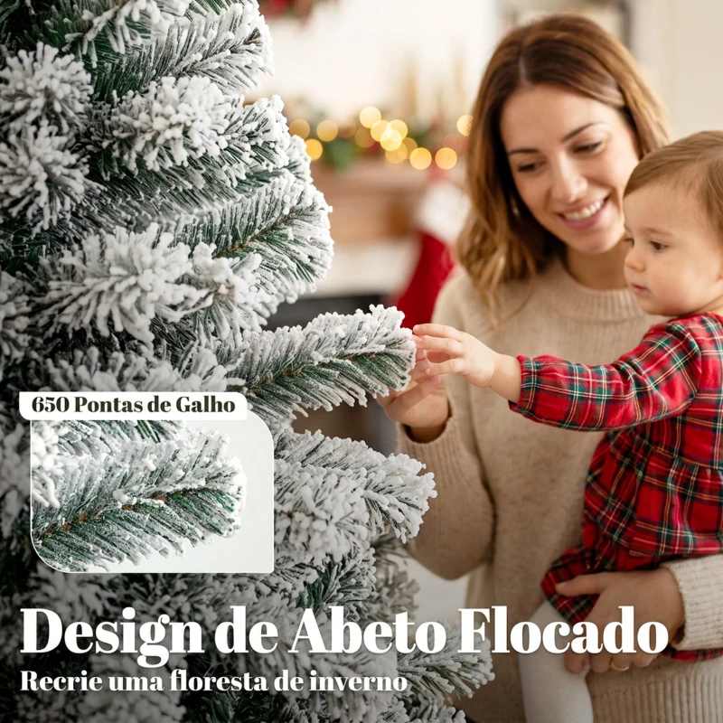 HOMCOM Árvore de Natal Nevada 180 cm com 650 Pontas em PVC Ignífugo, Ramos Articulados, Montagem Rápida, Verde e Branco