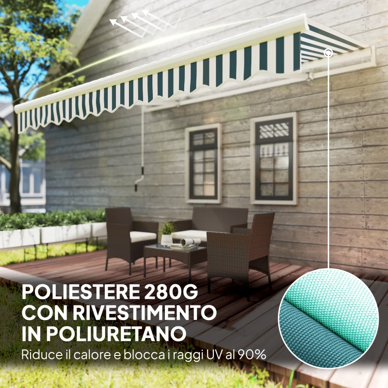 Outsunny Tenda da Sole a Bracci Avvolgibile a Manovella in Metallo e Alluminio, 4x2.5m, Verde e Bianco