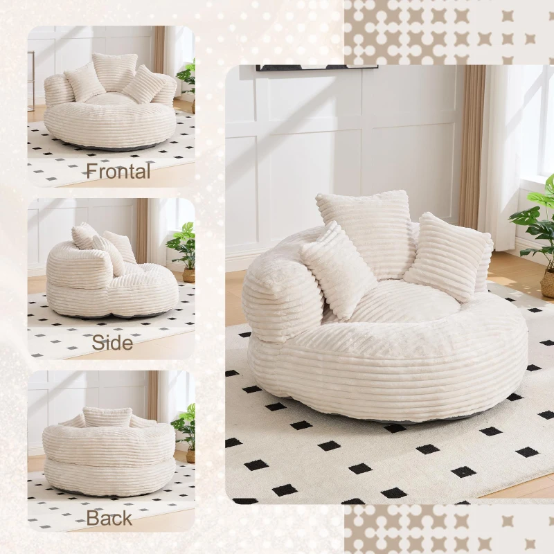 Plush Oversized Bean Bag Chair with High Back & 3 Pillows, Cozy Corduroy Floor Lounger Sofa for Living Room, 108L x 108W x 52H cm, Beige