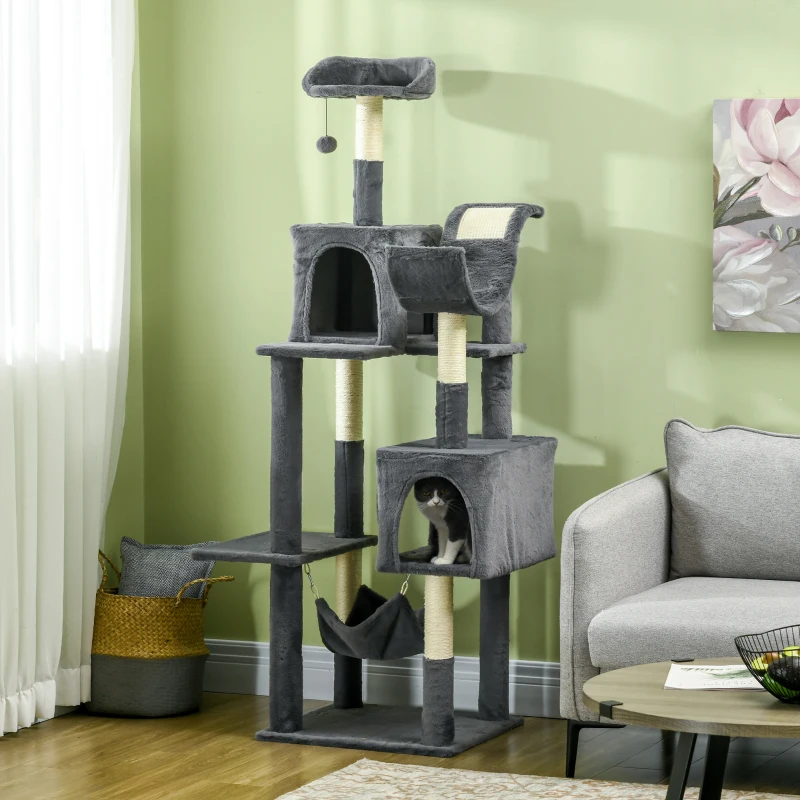 PawHut 177cm Cat Tree with Scratching Post, Hammock, Cat House - Dark Grey
