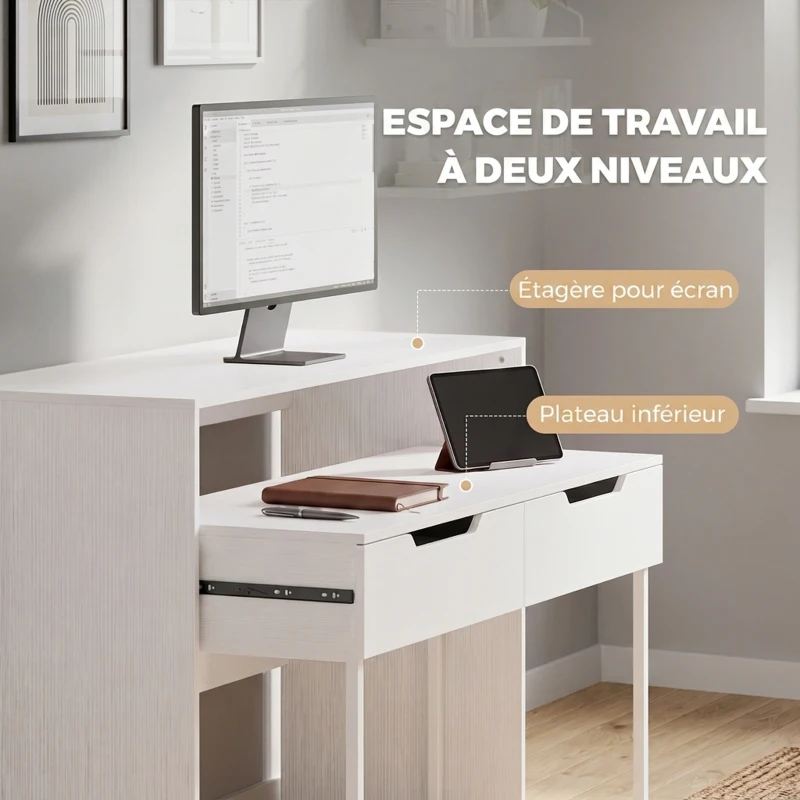 HOMCOM Bureau d'Ordinateur Extensible 100 cm avec 2 Tiroirs, Bureau avec Rangement, Style Moderne, Blanc