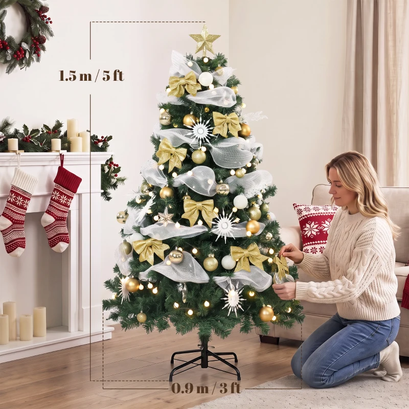 HOMCOM 5ft Pre-Lit Christmas Tree with 150 LED Lights, Artificial Xmas Tree with 8 Lighting Modes, 450 Tips, Remote, Green