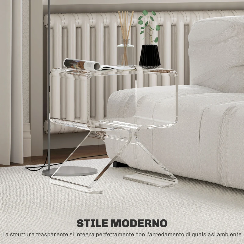 HOMCOM Tavolino Basso Geometrico a 2 Livelli  in Acrilico con Gambe Triangolari, 40x30x45 cm, Trasparente