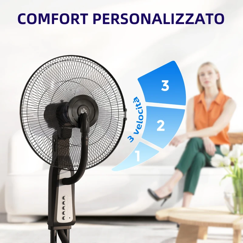 HOMCOM Ventilatore Nebulizzatore a 3 Velocità, Oscillazione 75° e Nebulizzazione Regolabile, Nero