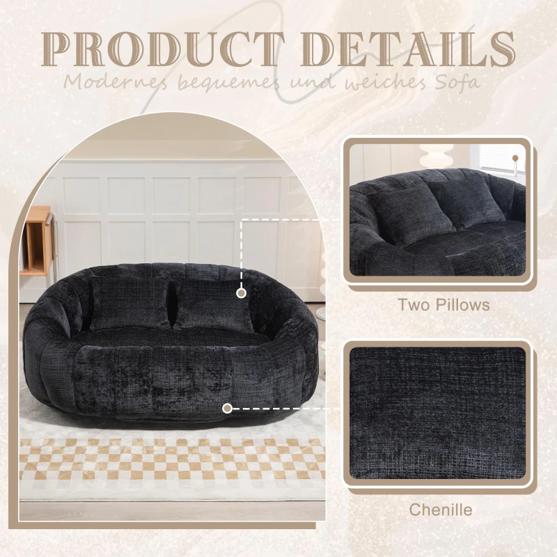 Cozy Oversized Bean Bag Sofa with 2 Matching Pillows, Soft 2-Seat Sectional Couch for Living Room and Bedroom, 145L x 95W x 63H cm, Black