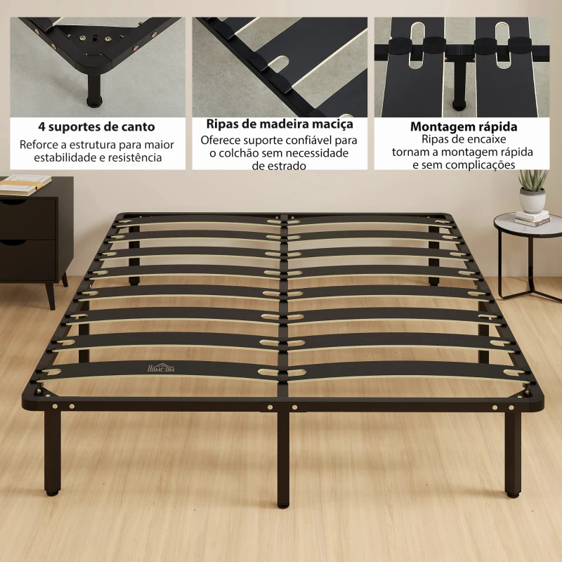 HOMCOM Estrutura de Cama 160x200 cm com Espaço de Armazenamento Abaixo e Ripas de Álamo Fácil de Montar Carga 350 kg Preto