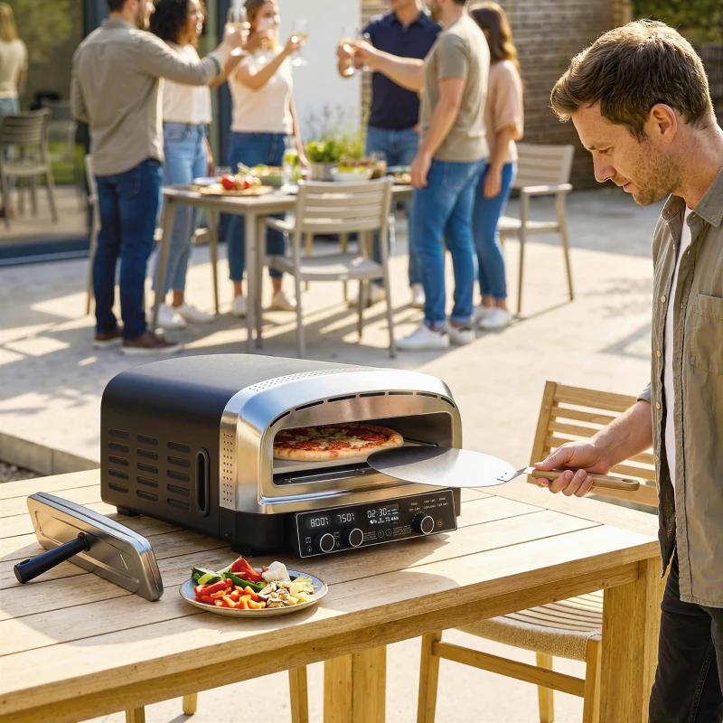 Outsunny Outdoor Pizza Oven Dual Heat Control 6 Presets Electric Pizza Maker with 37 cm Stone and Peel