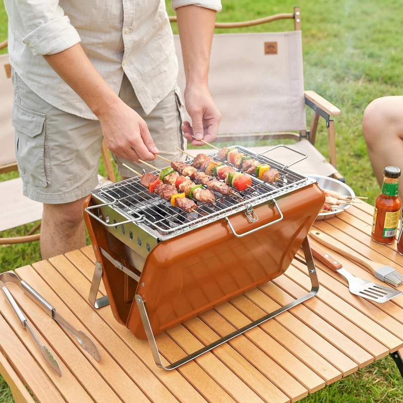 Outsunny Charcoal BBQ Grill Portable Stainless Steel Barbecue with Tilting Grate for Camping Picnic Garden Orange