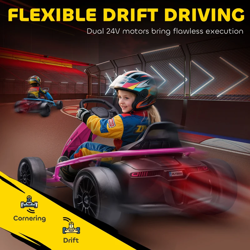 HOMCOM Go-Kart electric 24 V pentru copii, până la 13 km/h, cu funcție drift, drift-kart cu 2 motoare pentru 8–12 ani, roz