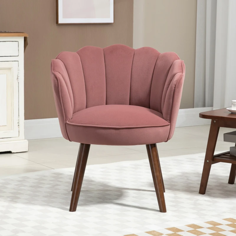 HOMCOM Sessel Wohnzimmer Loungesessel in Muschelform Relaxsessel mit Holzbeine, Polstersessel Lesesessel mit Samtoptik, Polsterstuhl für Schlafzimmer Rosa