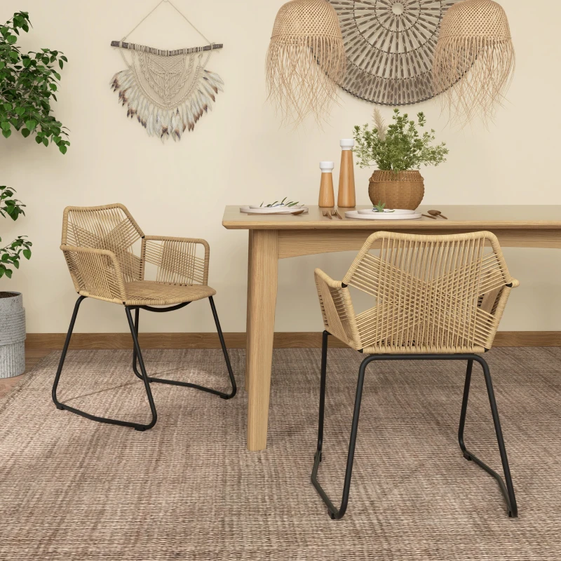 HOMCOM Set 2 Sedie da Pranzo Stile Boho da Interno in Rattan PE con Schienale Basso e Braccioli, Giallo