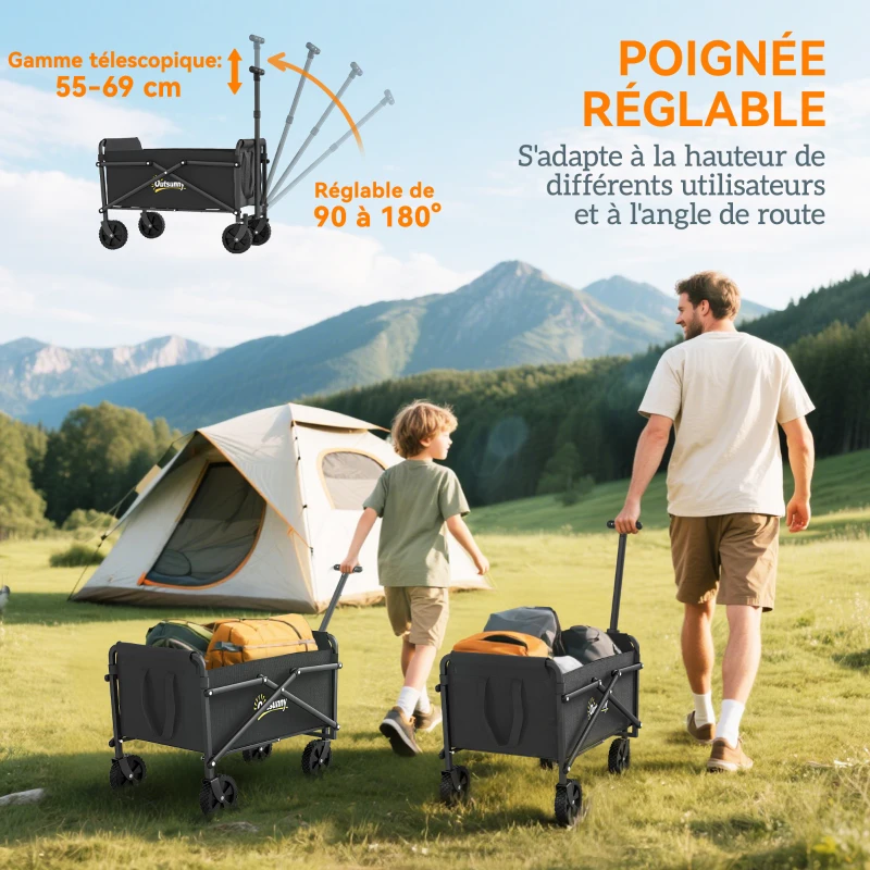 Outsunny Chariot de jardin chariot de transport à roulettes avec poignée réglable, avec sacs de transport 64 x 40 x 60-84 cm noir