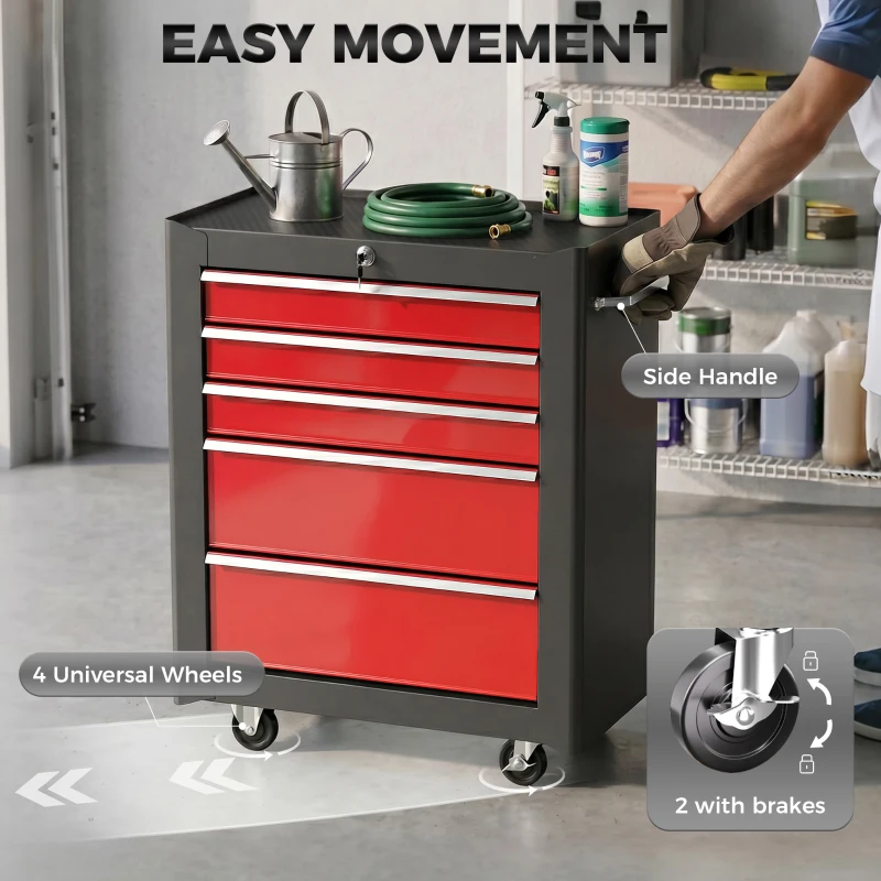 HOMCOM 5-Drawer Tool Chest, Lockable Steel Tool Storage Cabinet with Wheels and Handle Tool Box for Garage, Workshop, Red