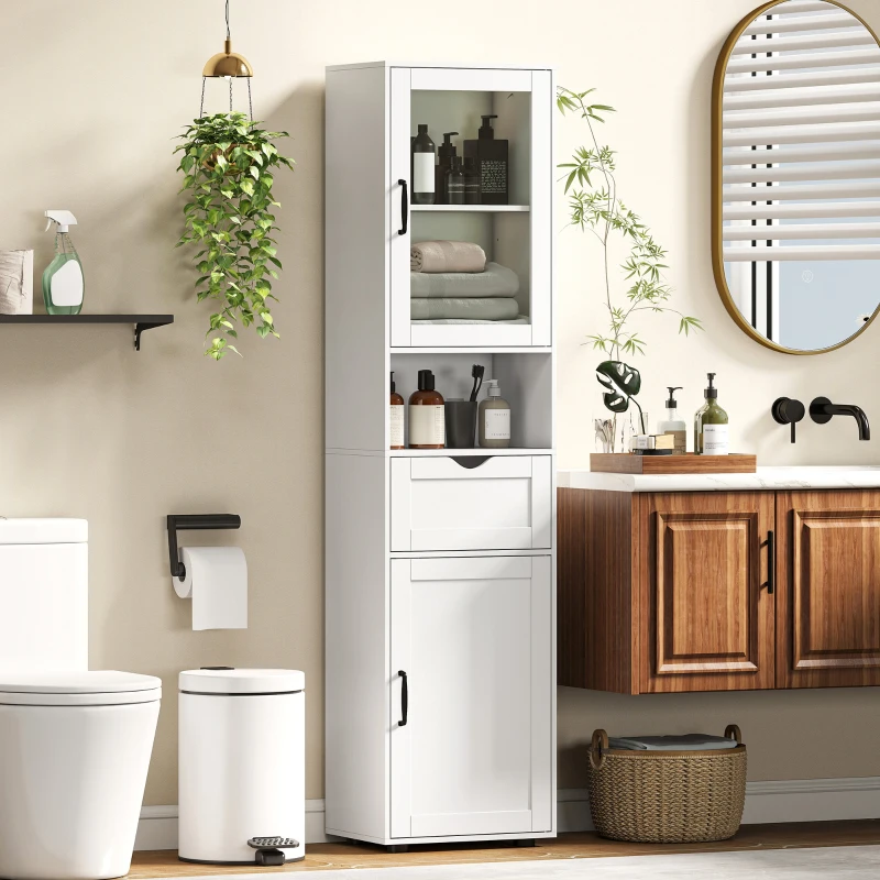 HOMCOM Columna de Baño Estrecha con Puerta de Vidrio Estantes Ajustables Cajón Estante Abierto 40x30x165 cm Blanco