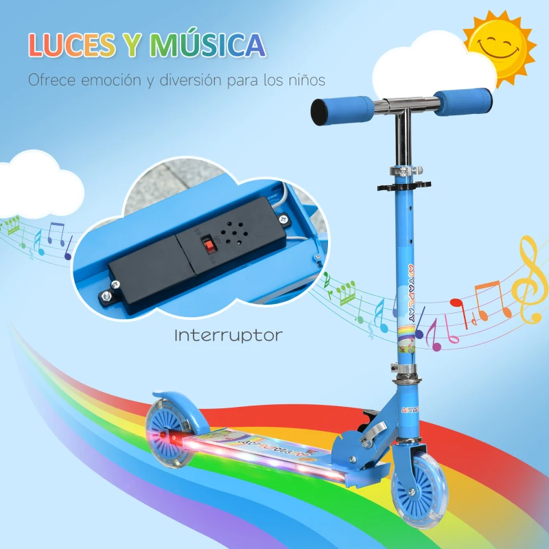 HOMCOM Patinete Infantil Plegable con Luces Música Altura Ajustable Ruedas Brillantes Pedal LED Carga 50kg 67x32x65-78 cm Azul