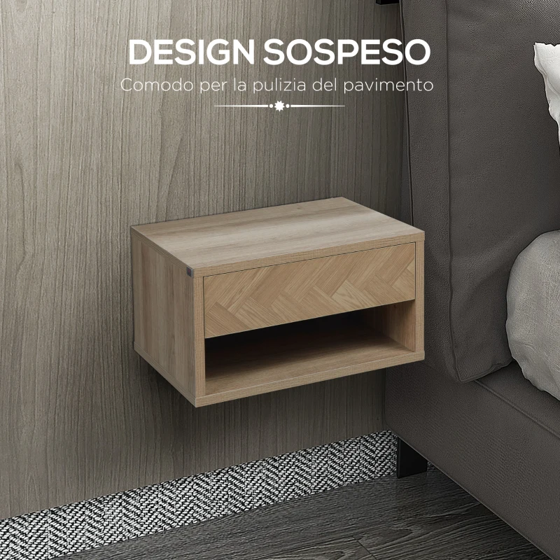 HOMCOM Set 2 Comodini Moderni Sospesi con Cassetto e Mensola in Legno 37x32x21cm, Colore Naturale