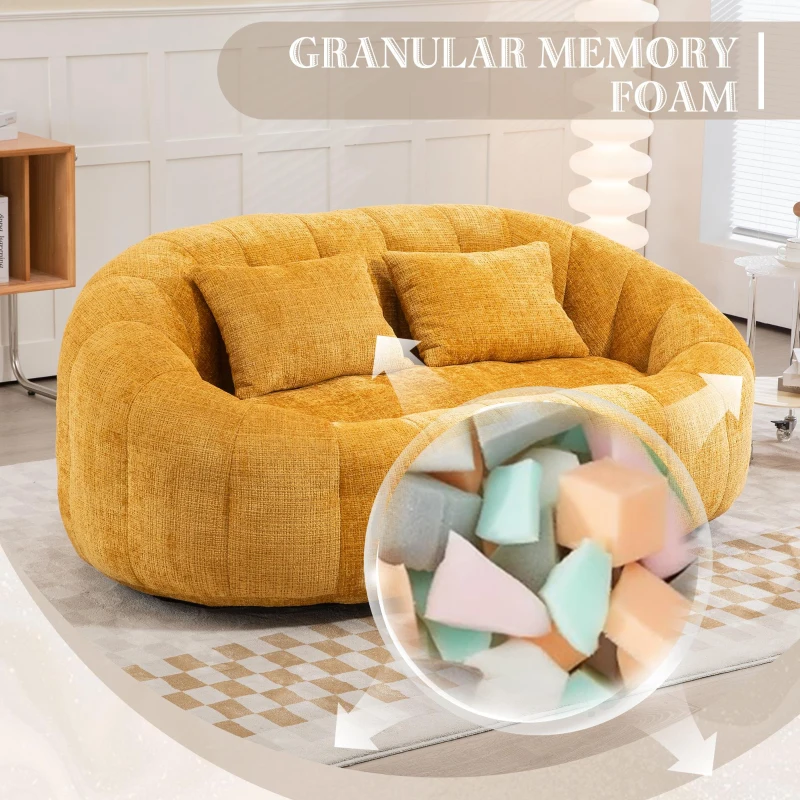 Cozy Oversized Bean Bag Sofa with 2 Matching Pillows, Soft 2-Seat Sectional Couch for Living Room and Bedroom, 145L x 95W x 63H cm, Yellow