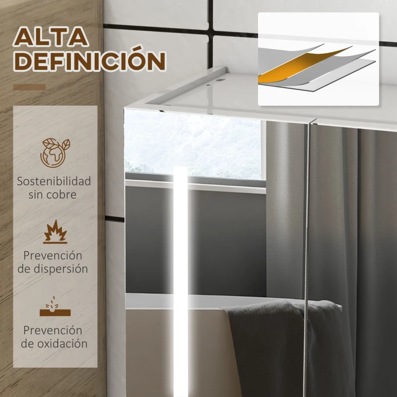 kleankin Armario con Espejo de Baño con 3 Puertas Estantes Ajustables Interruptor Táctil y USB 90x15x70 cm Blanco Brillante