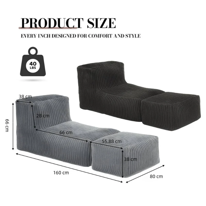 Comforting Modular Bean Bag Sofa with Ottoman, Versatile Couch for Living Rooms, Bedrooms, Dorms, 160L x 80W x 66H cm, Dark Gray