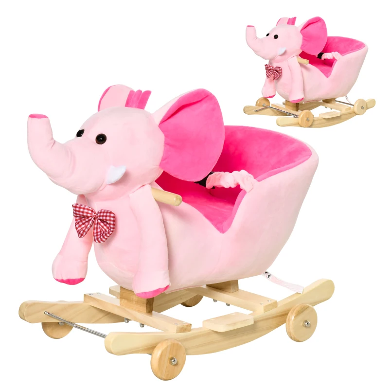 HOMCOM Cheval à Bascule Jouet à Bascule éléphant et Porteur sur roulettes 2 en 1 Fonction Musicale 32 Pistes Ceinture sécurité Rose