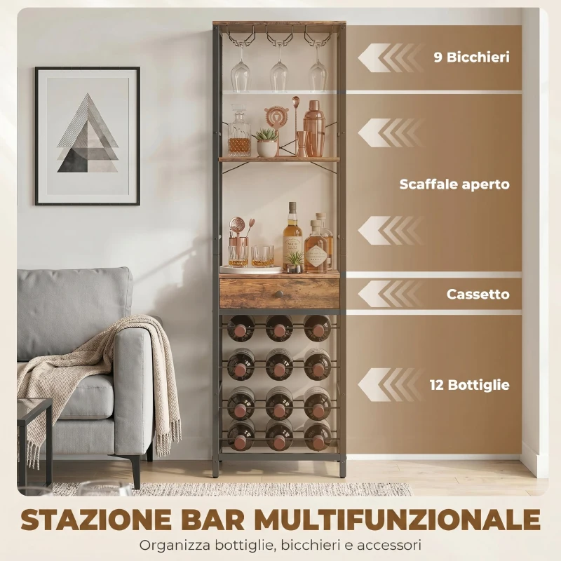HOMCOM Mobile Bar, Mobile da Bar con Cassetto, Portabicchieri, Marrone Rustico