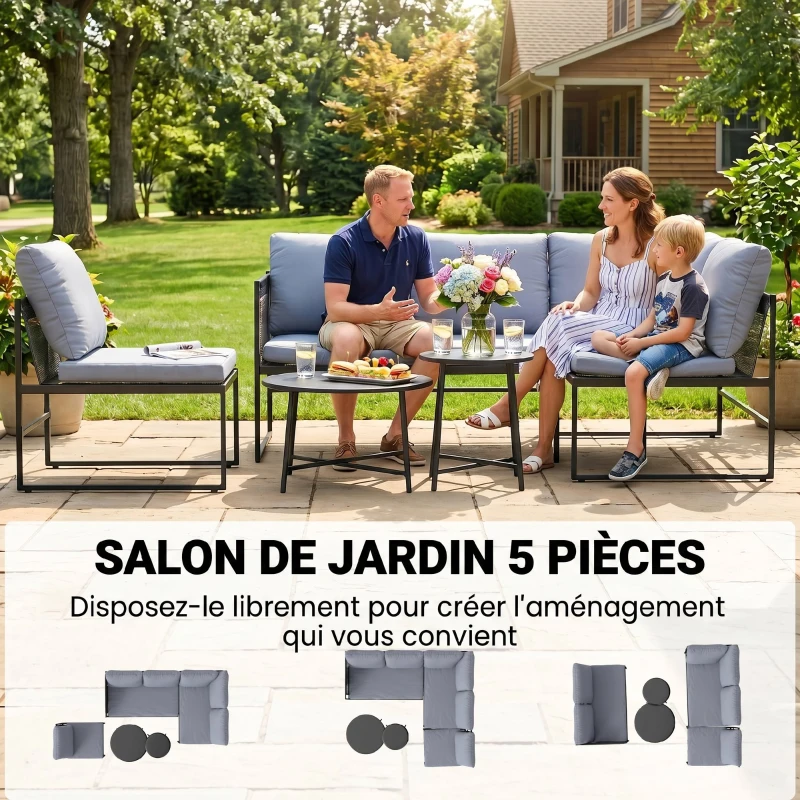 Outsunny Salon de Jardin Extérieur 5 Pièces, 2 Canapés, 2 Tables, 1 Chaise, Pochette de Rangement, 182x167x65cm, Gris Foncé