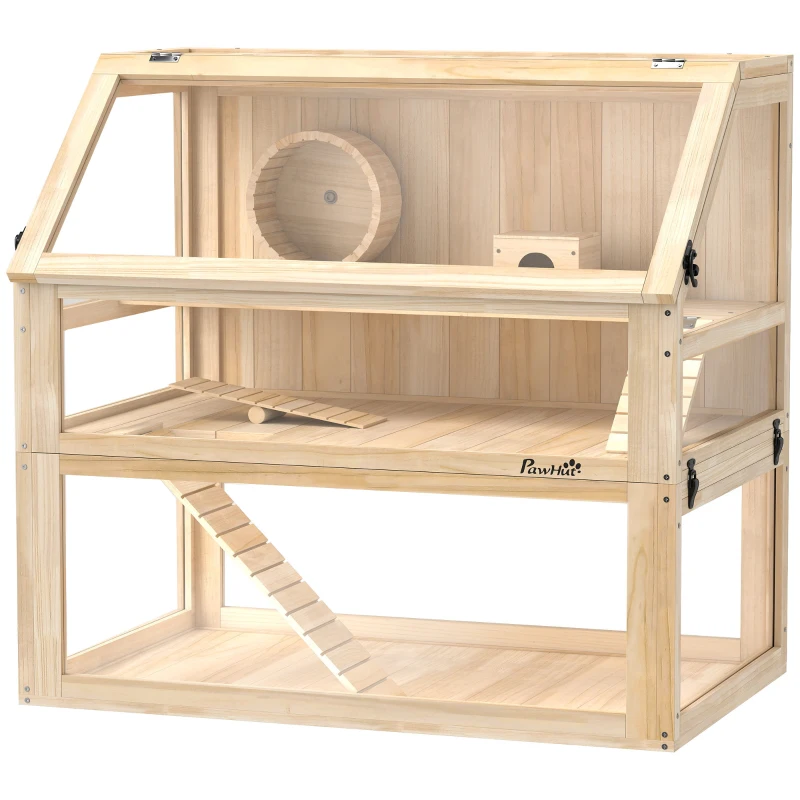 PawHut Jaula para Hámster de Madera 3 Nivles con Base Desmontable Profundo Balancín Rueda de Ejercicio Rampas Casita Natural