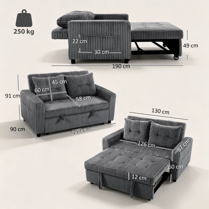 HOMCOM 2-Sitzer Sofabett, Cordbezug, zum Schlafsofa umwandelbar, 2 Kissen, Seitentaschen, 157 x 190 cm, Dunkelgrau
