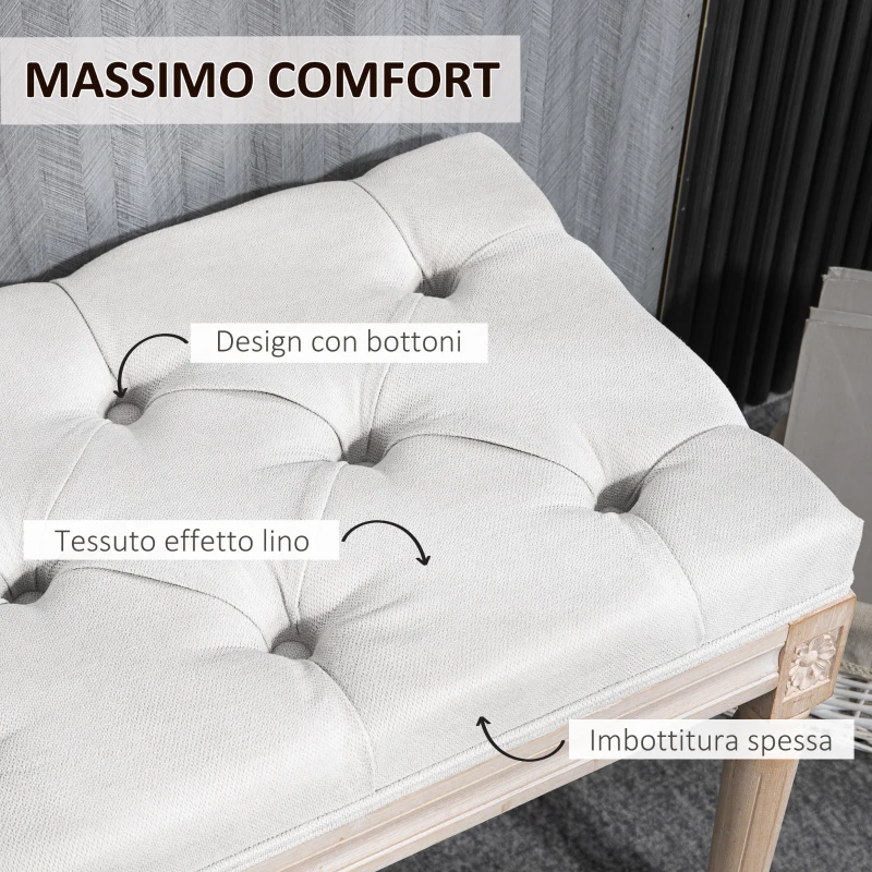 HOMCOM Panca Fondoletto Imbottita Stile Vintage in Tessuto e Gambe in Legno, 117x40x48 cm, Crema