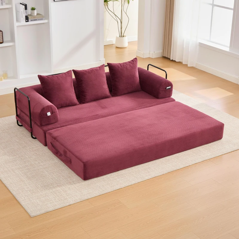 Cozy Compressible Folding Sofa with Detachable Metal Frame, Soft Modular Sectional Couch for Small Apartment, 110L x 33W x 33H cm, Wine Red