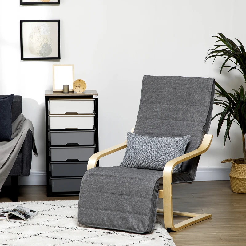 HOMCOM Wooden Lounging Chair Deck Relaxing Recliner Lounge Seat with Adjustable Footrest & Removable Cushion, Dark Grey