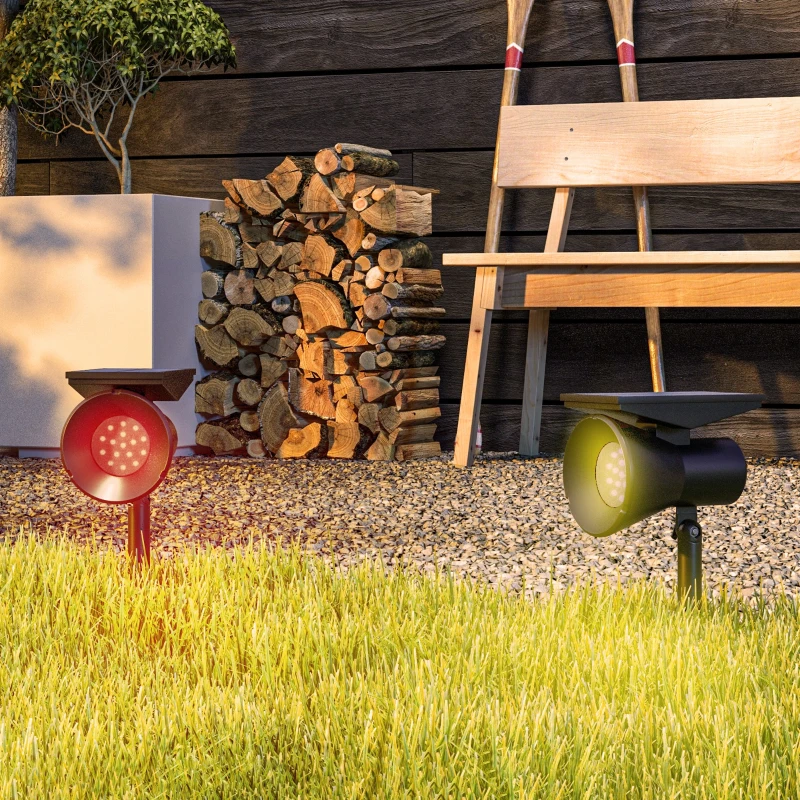 Outsunny Set 2 Luci da Giardino Solari RGB con 2 Modalità di Illuminazione, in PP e PC, 10.6x15x38 cm, Nero