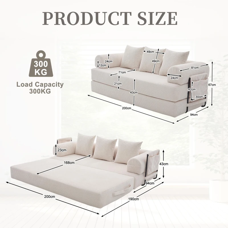 Cozy Compressible Folding Sofa with Detachable Metal Frame, Soft Modular Sectional Couch for Small Apartment, 110L x 33W x 33H cm, Beige