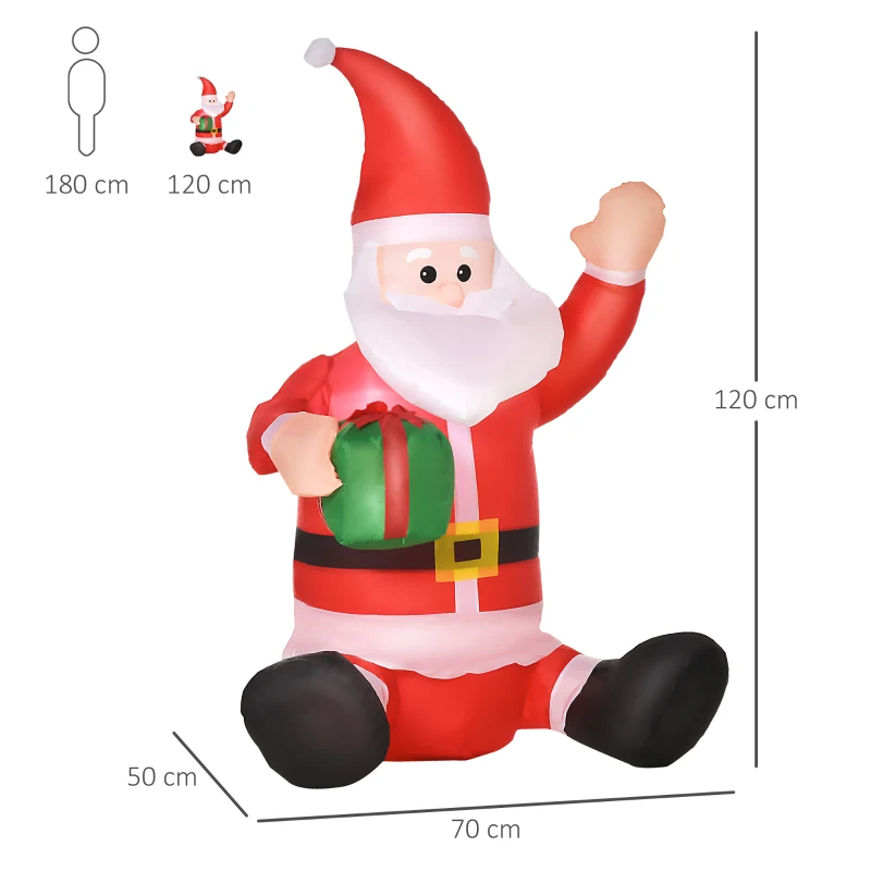 HOMCOM Papá Noel Hinchable 1.2m Santa Claus Inflable con Regalo Decoración Navidad Iluminación con Inflador Interior Exterior