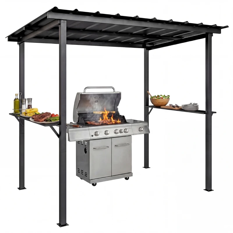 Outsunny Grillpavillon 2,71 x 1,82 m Gartenpavillon mit Pultdach, Seitenregalen UV-Schutz 50+ Schwarz