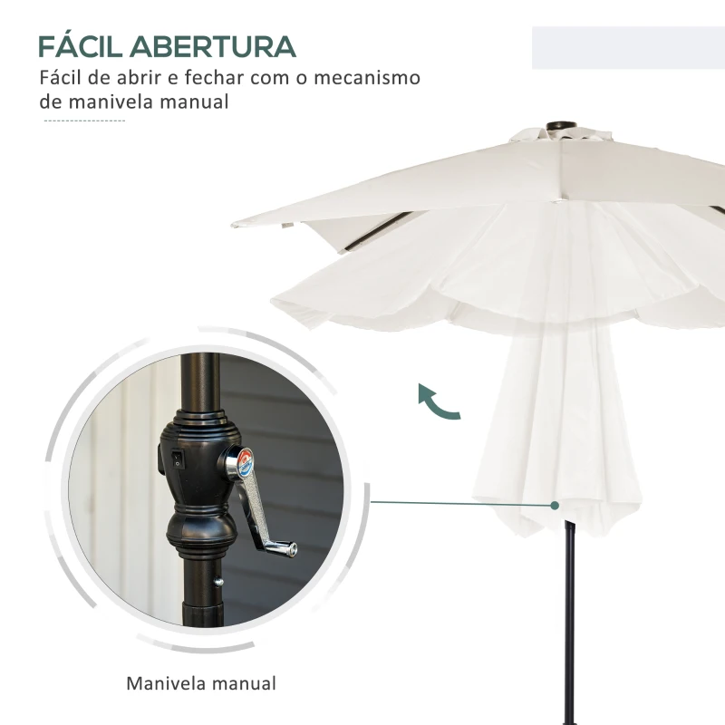 Outsunny Chapéu de Sol com Luzes LED 268x205x248 cm Chapéu de Sol de Jardim Inclinável até 45° e Abertura a Manivela Creme