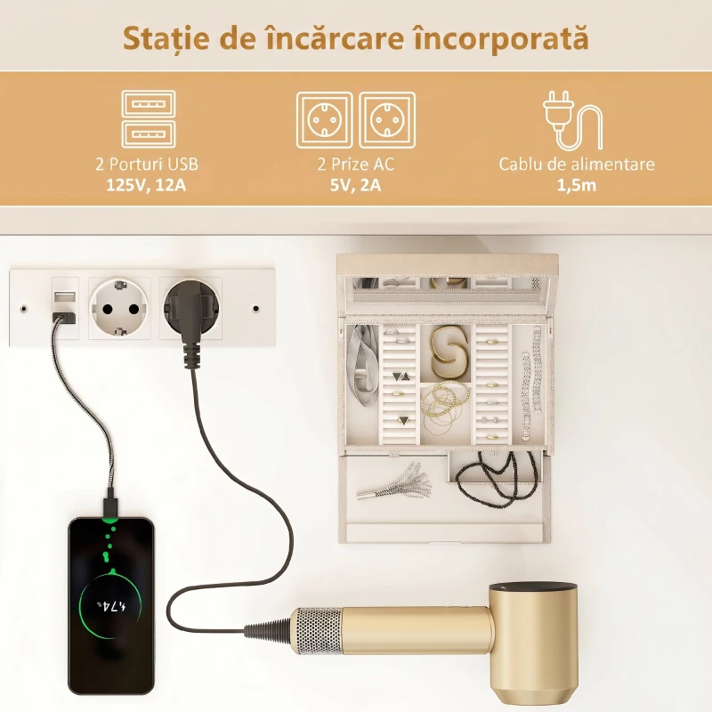 HOMCOM Toaletă pentru Cameră cu Oglindă și Lumini LED Reglabile, 6 Sertare, 2 Rafturi și Prize Electrice, Alb