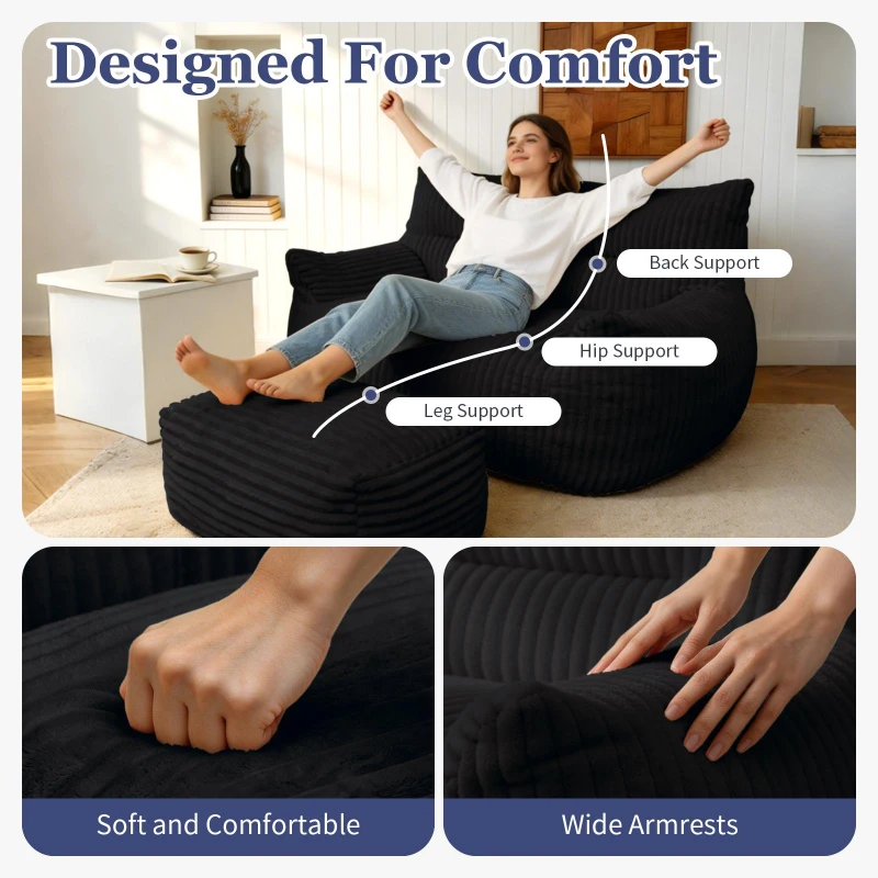 Oversized 2-Seater Corduroy Sofa with Ottoman, Comfortable Couch for Couples and Family, 100L x 135W x 75H cm, Black